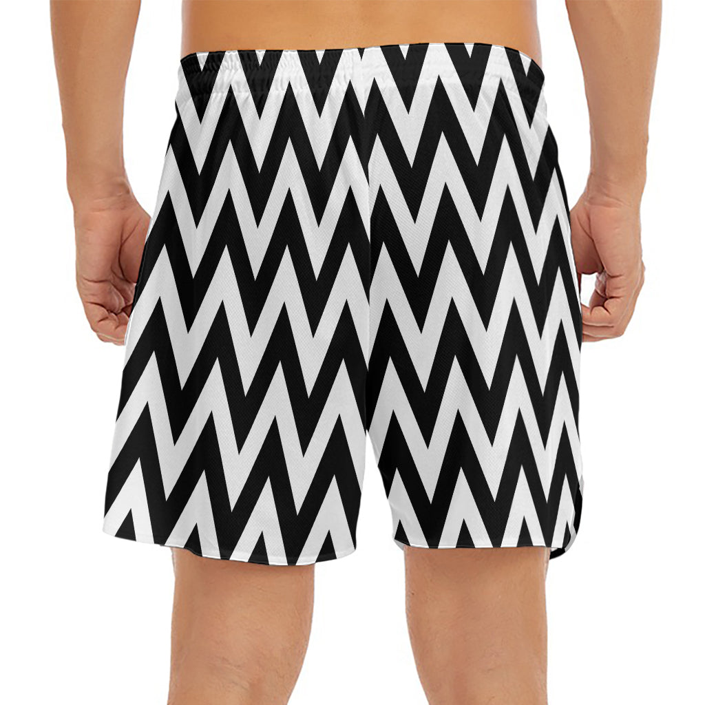Black And White Zigzag Pattern Print Men's Split Running Shorts
