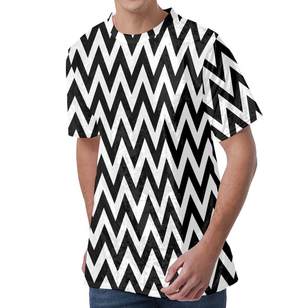 Black And White Zigzag Pattern Print Men's Velvet T-Shirt