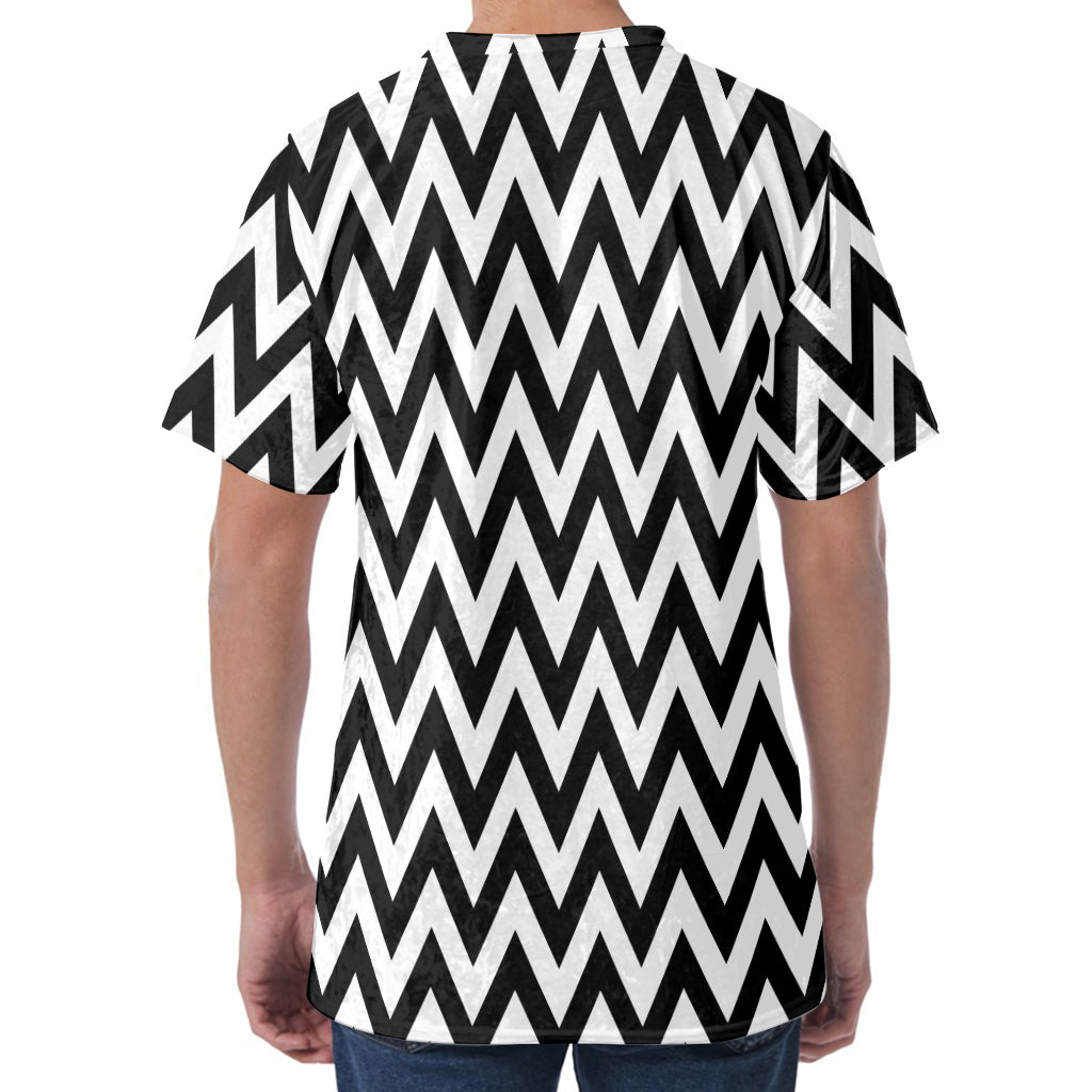 Black And White Zigzag Pattern Print Men's Velvet T-Shirt