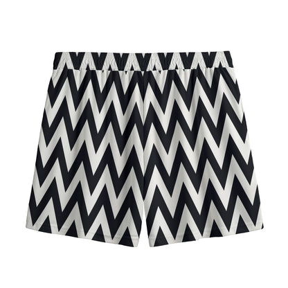 Black And White Zigzag Pattern Print Mesh Shorts