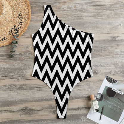 Black And White Zigzag Pattern Print One Shoulder Bodysuit
