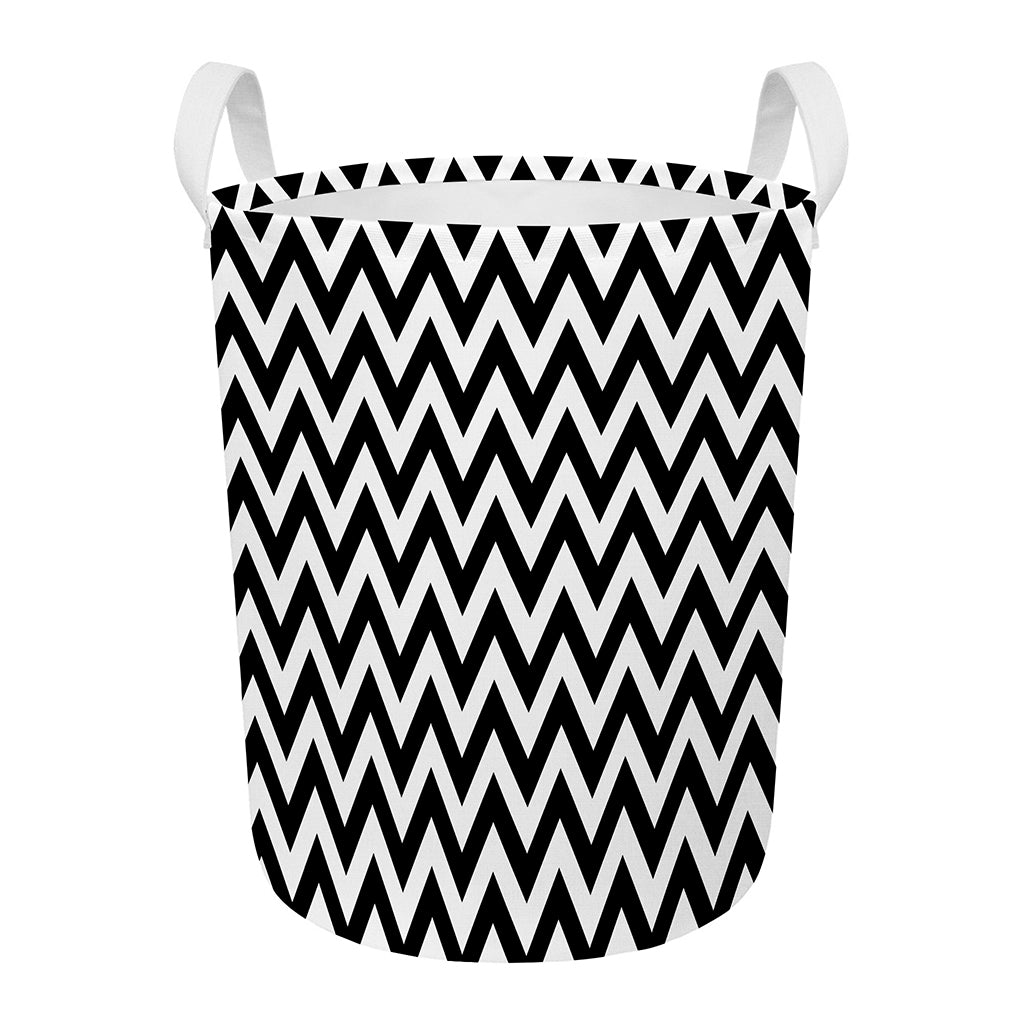 Black And White Zigzag Pattern Print Round Laundry Basket