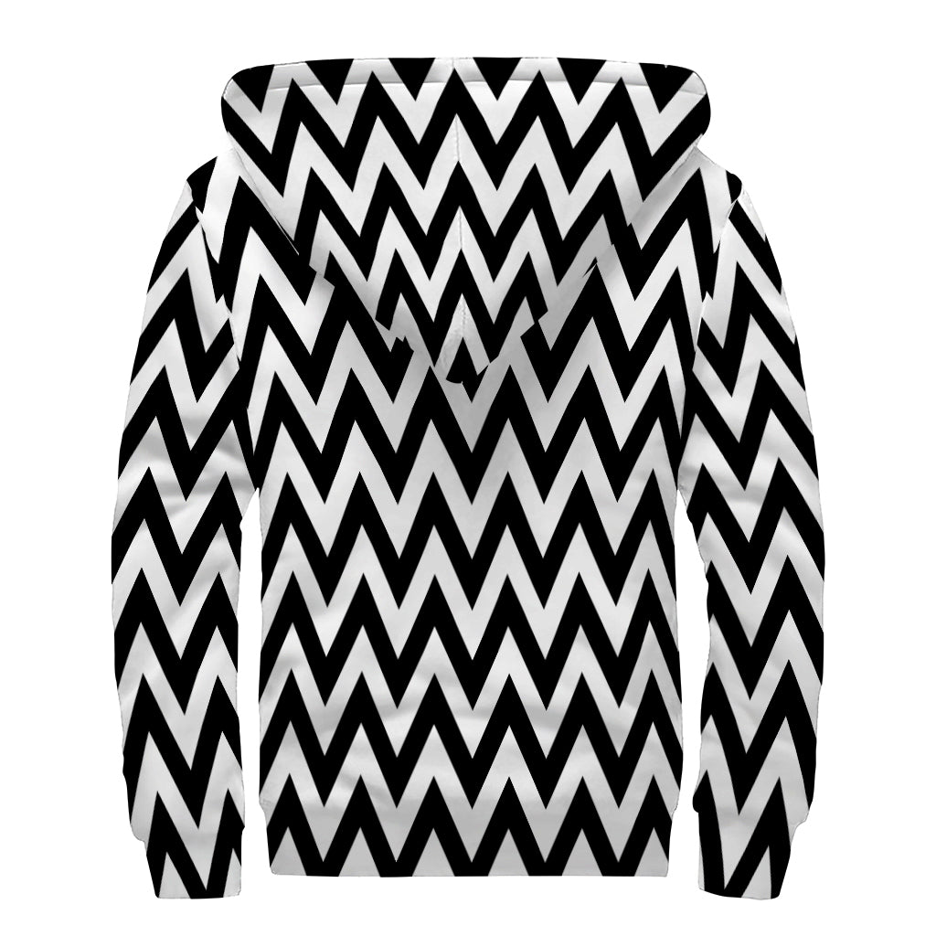 Black And White Zigzag Pattern Print Sherpa Lined Zip Up Hoodie