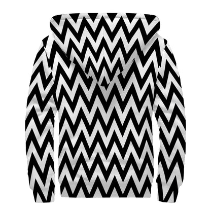 Black And White Zigzag Pattern Print Sherpa Lined Zip Up Hoodie