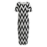 Black And White Zigzag Pattern Print Short Sleeve Long Nightdress
