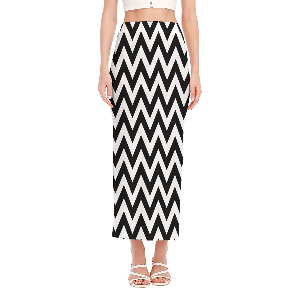 Black And White Zigzag Pattern Print Side Slit Maxi Skirt