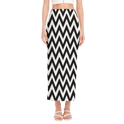Black And White Zigzag Pattern Print Side Slit Maxi Skirt