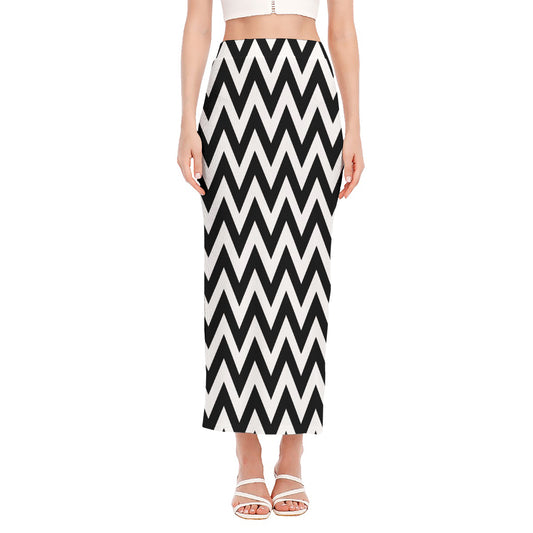 Black And White Zigzag Pattern Print Side Slit Maxi Skirt