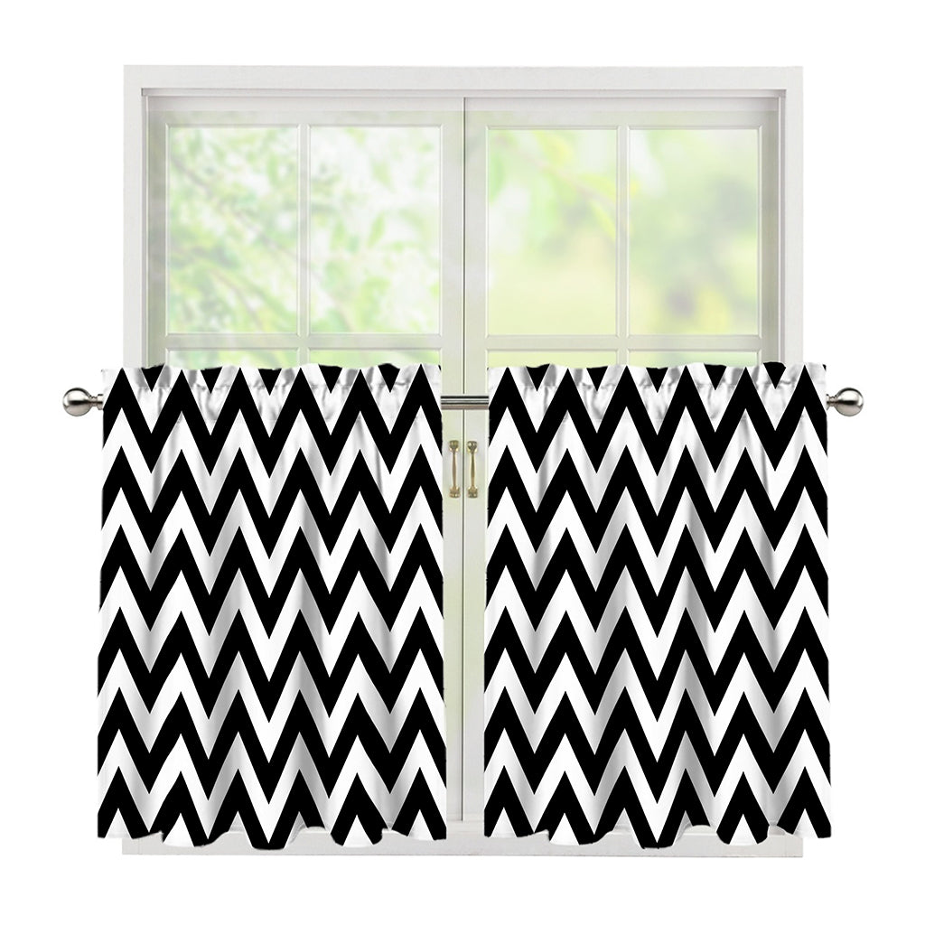 Black And White Zigzag Pattern Print Tier Curtains