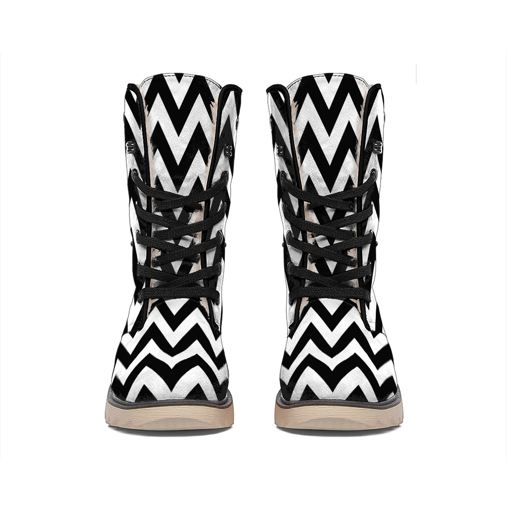 Black And White Zigzag Pattern Print Winter Boots