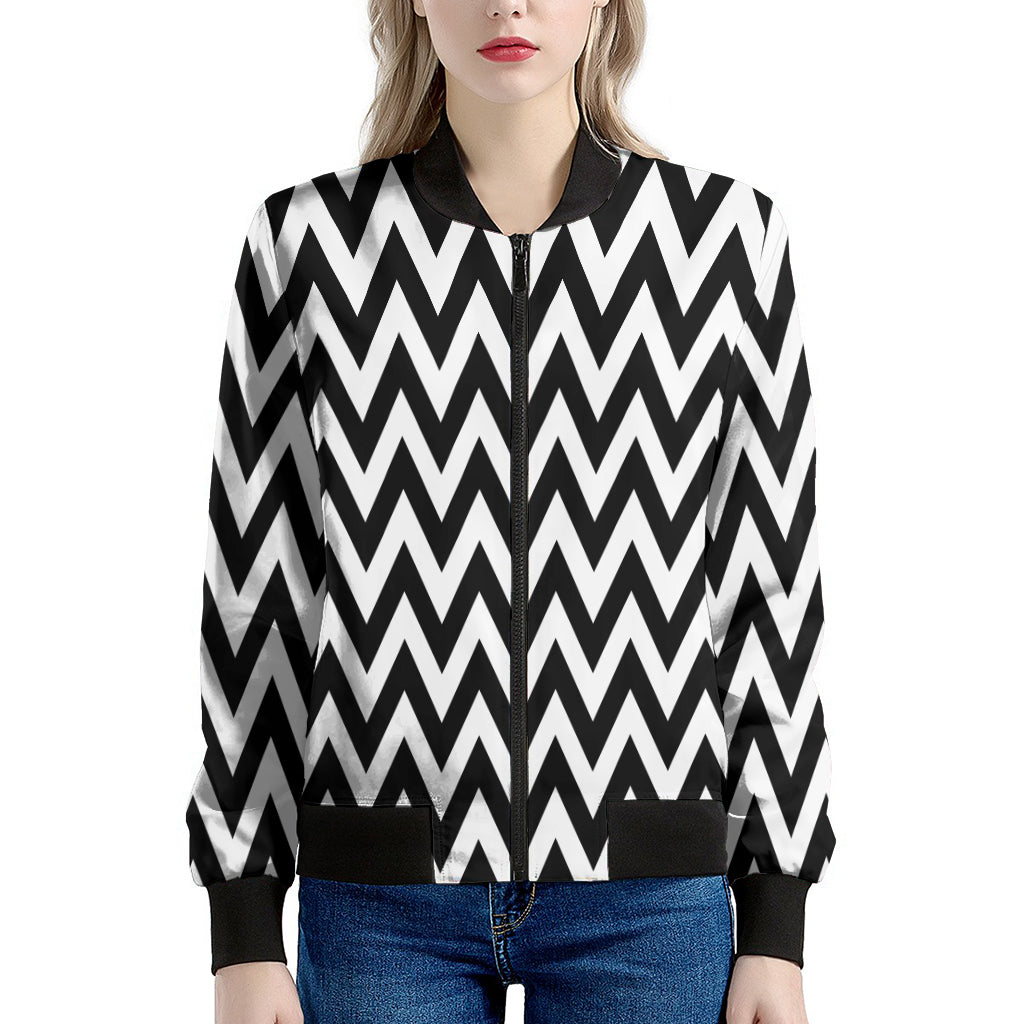 Black And White Zigzag Pattern Print Women's Bomber Jacket