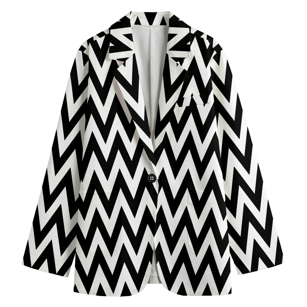 Black And White Zigzag Pattern Print Women's Cotton Blazer