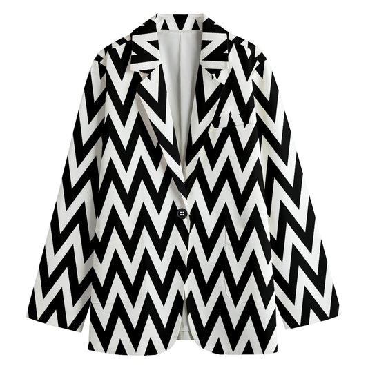 Black And White Zigzag Pattern Print Women's Cotton Blazer