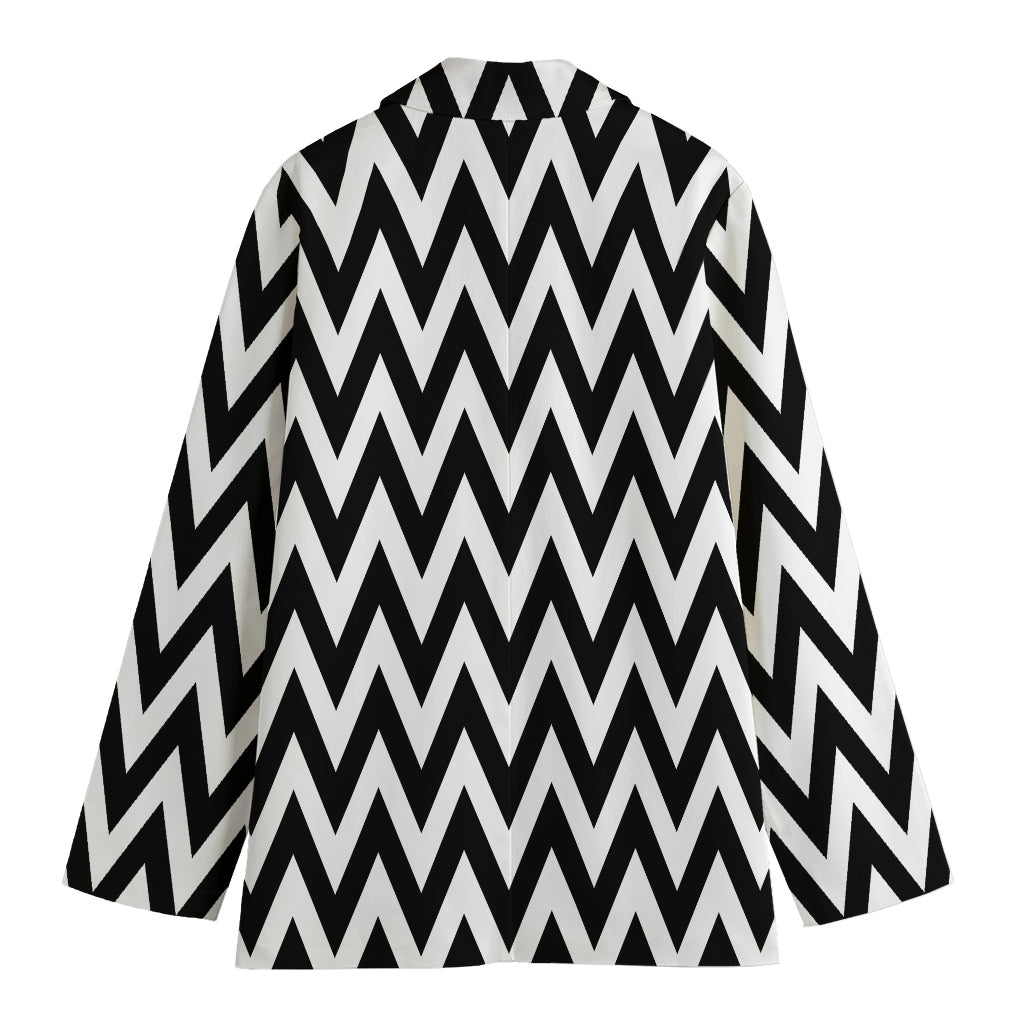 Black And White Zigzag Pattern Print Women's Cotton Blazer