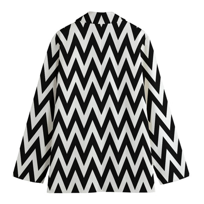 Black And White Zigzag Pattern Print Women's Cotton Blazer