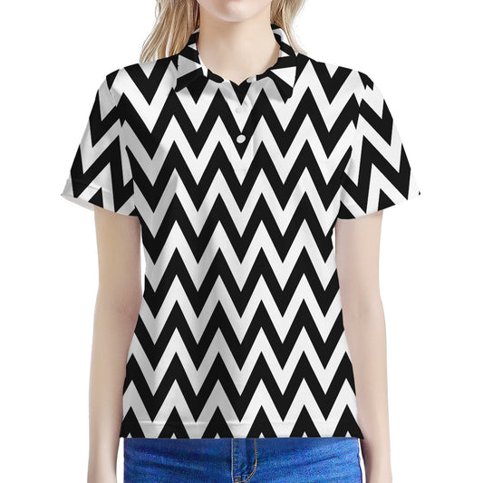 Black And White Zigzag Pattern Print Women's Polo Shirt
