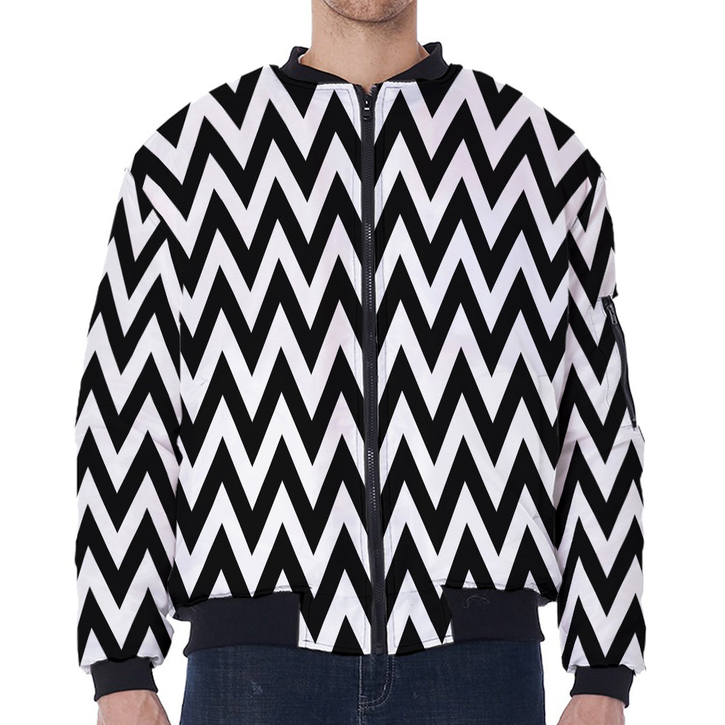 Black And White Zigzag Pattern Print Zip Sleeve Bomber Jacket