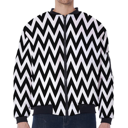 Black And White Zigzag Pattern Print Zip Sleeve Bomber Jacket