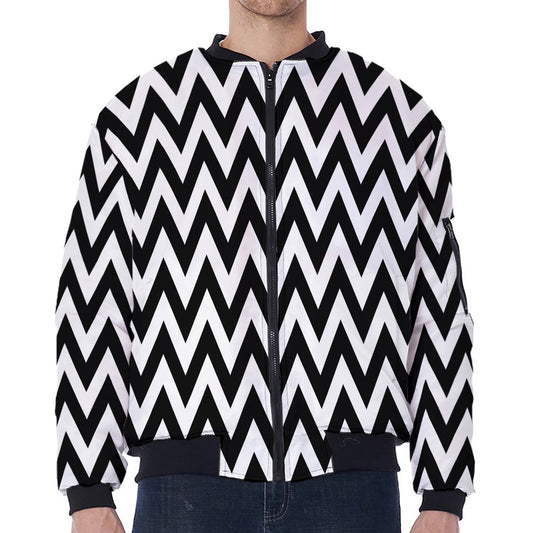 Black And White Zigzag Pattern Print Zip Sleeve Bomber Jacket