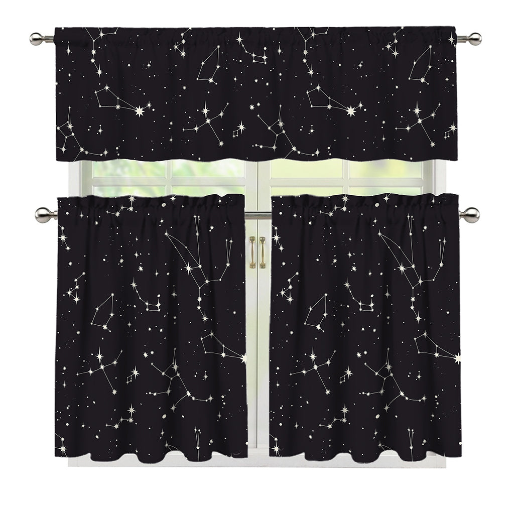 Black And White Zodiac Stars Print 3 Piece Kitchen Curtains