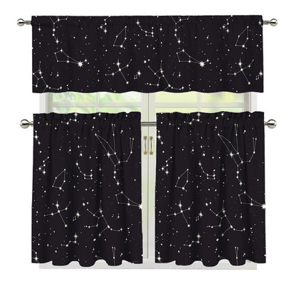 Black And White Zodiac Stars Print 3 Piece Kitchen Curtains