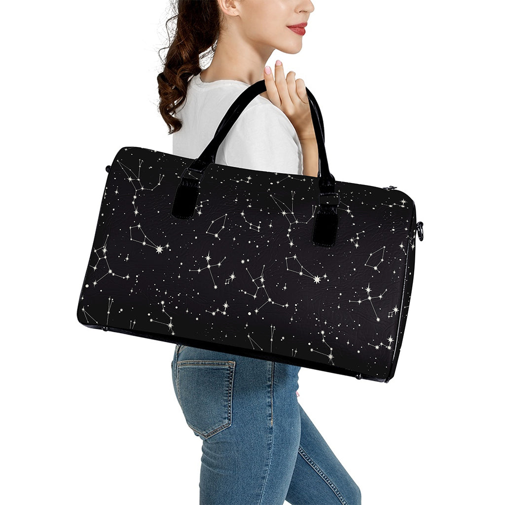 Black And White Zodiac Stars Print Leather Duffle Bag