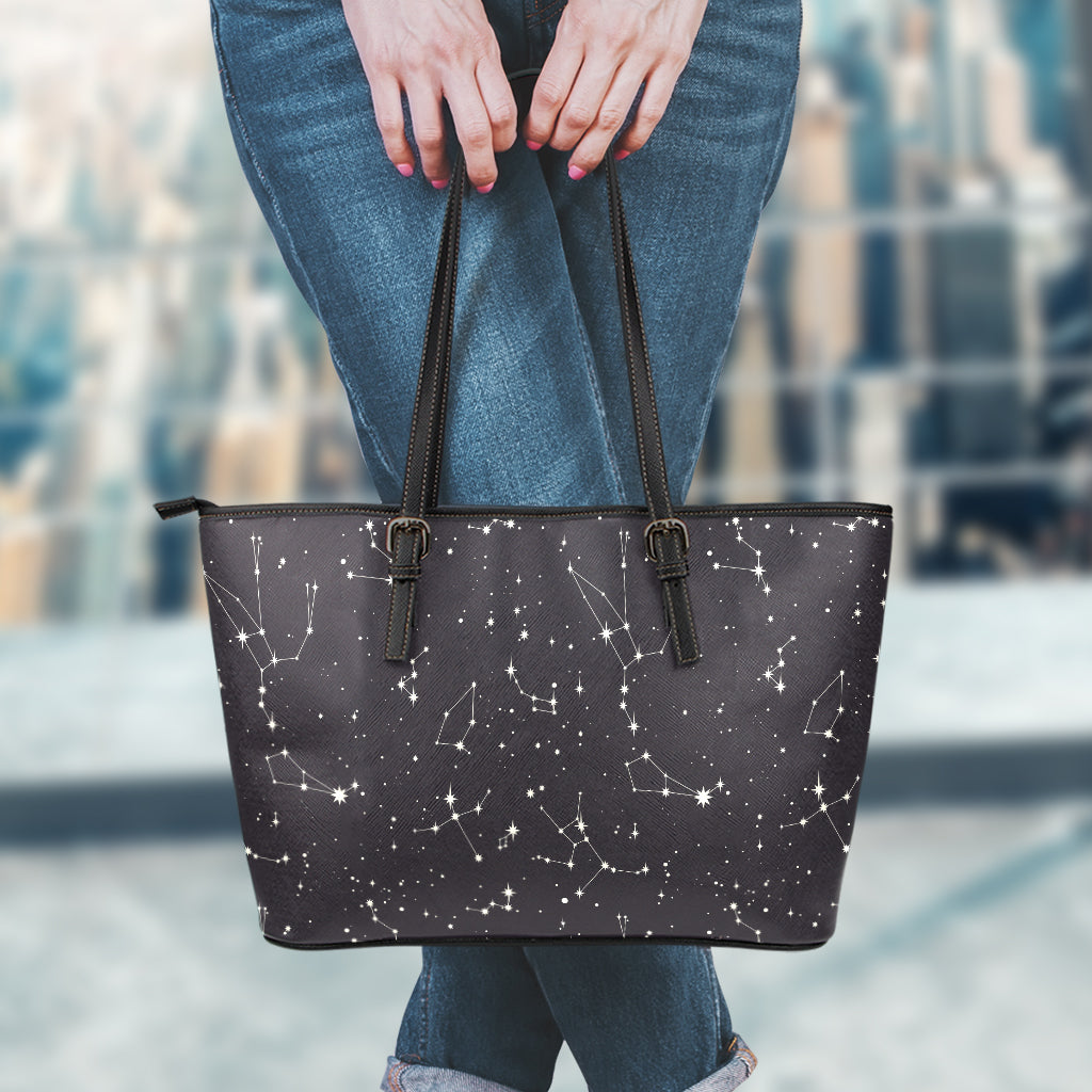 Black And White Zodiac Stars Print Leather Tote Bag