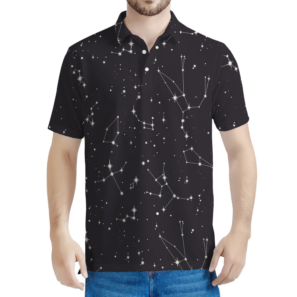 Black And White Zodiac Stars Print Men's Polo Shirt