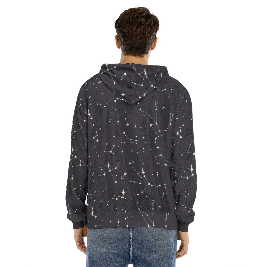 Black And White Zodiac Stars Print Men's Velvet Pullover Hoodie