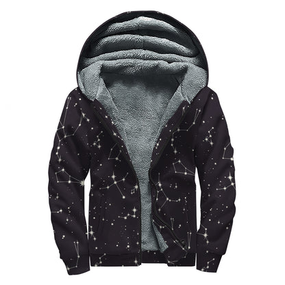 Black And White Zodiac Stars Print Sherpa Lined Zip Up Hoodie