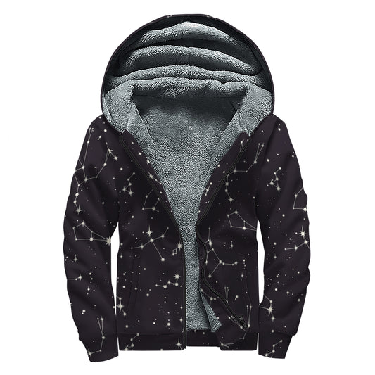 Black And White Zodiac Stars Print Sherpa Lined Zip Up Hoodie