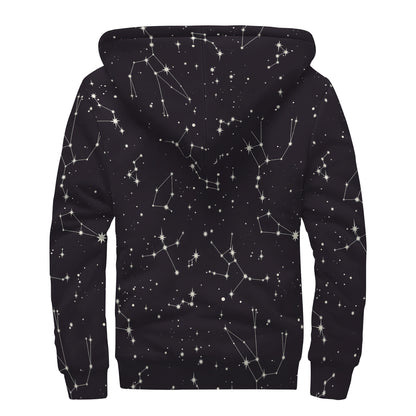 Black And White Zodiac Stars Print Sherpa Lined Zip Up Hoodie