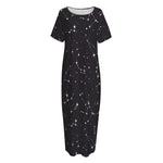 Black And White Zodiac Stars Print Short Sleeve Long Nightdress
