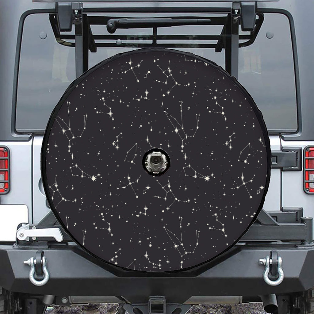 Black And White Zodiac Stars Print Tire Cover With Camera Hole