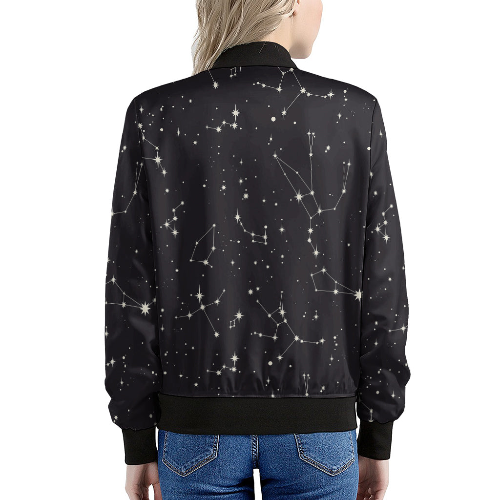 Black And White Zodiac Stars Print Women's Bomber Jacket