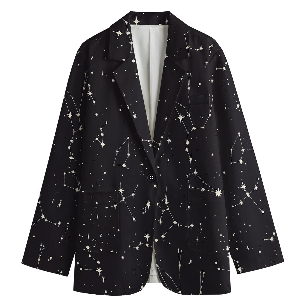 Black And White Zodiac Stars Print Women's Cotton Blazer