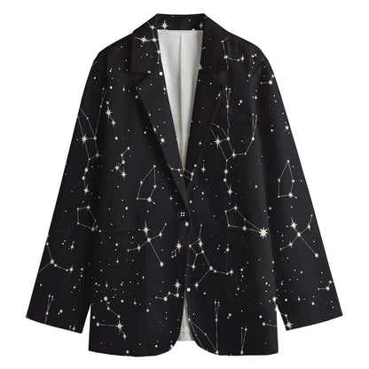 Black And White Zodiac Stars Print Women's Cotton Blazer