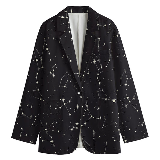 Black And White Zodiac Stars Print Women's Cotton Blazer