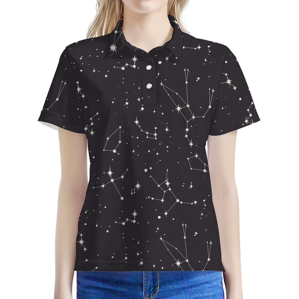 Black And White Zodiac Stars Print Women's Polo Shirt