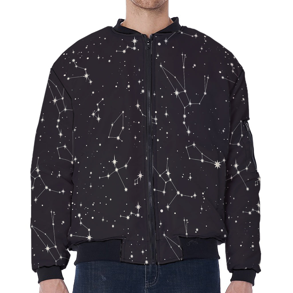 Black And White Zodiac Stars Print Zip Sleeve Bomber Jacket