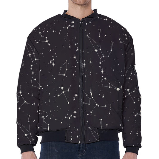 Black And White Zodiac Stars Print Zip Sleeve Bomber Jacket