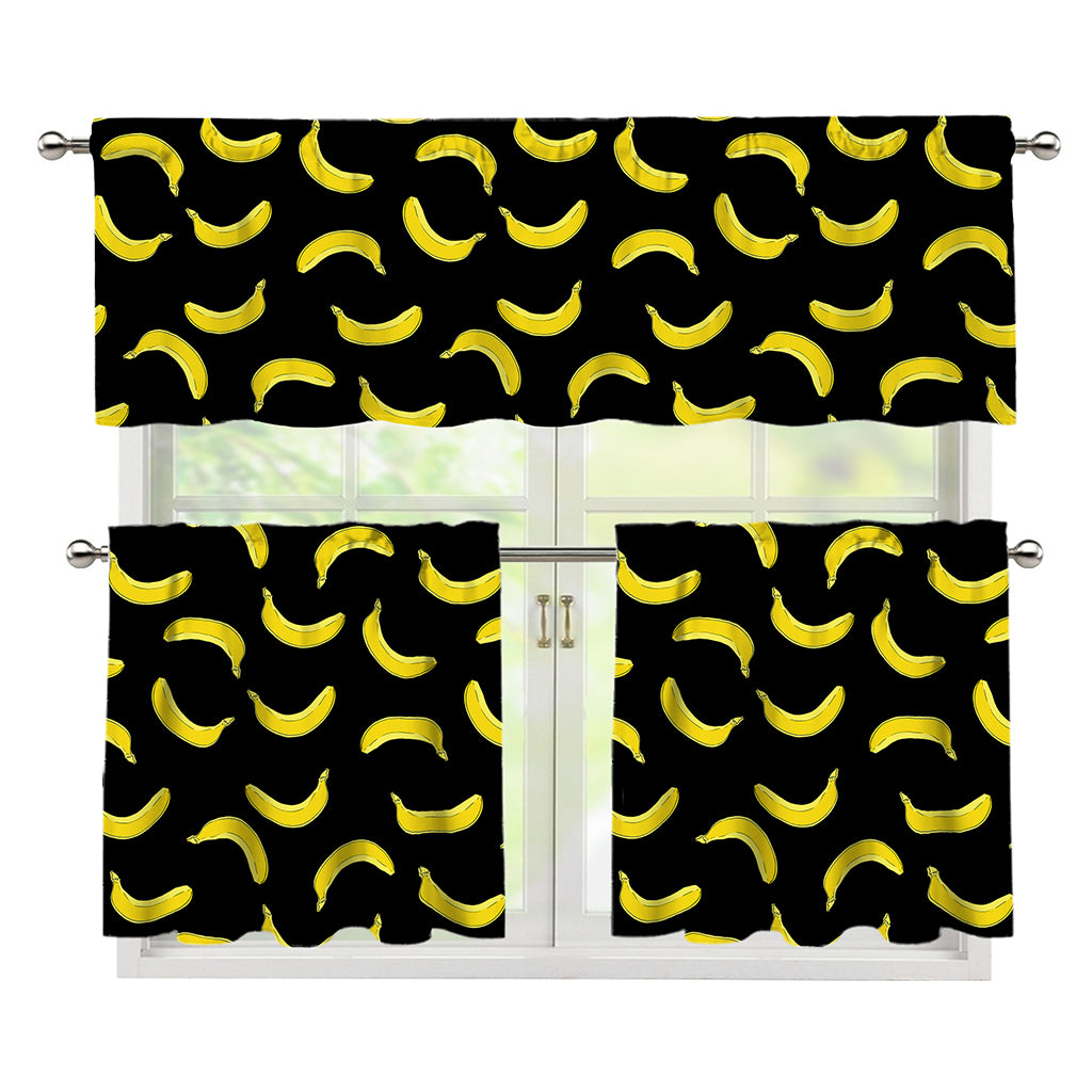 Black And Yellow Banana Pattern Print 3 Piece Kitchen Curtains