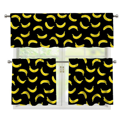 Black And Yellow Banana Pattern Print 3 Piece Kitchen Curtains