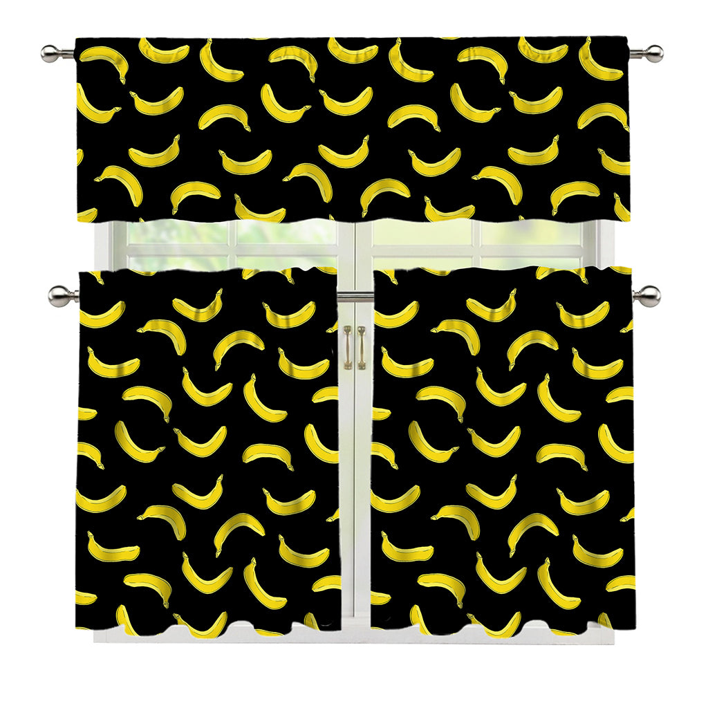Black And Yellow Banana Pattern Print 3 Piece Kitchen Curtains