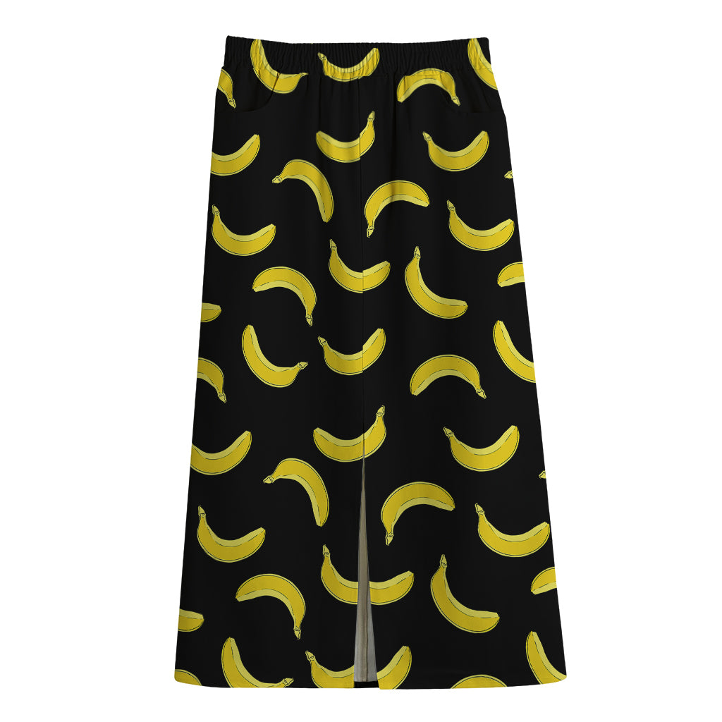 Black And Yellow Banana Pattern Print Cotton Front Slit Maxi Skirt