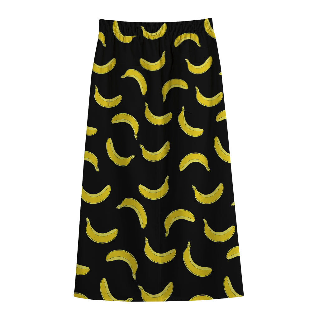 Black And Yellow Banana Pattern Print Cotton Front Slit Maxi Skirt