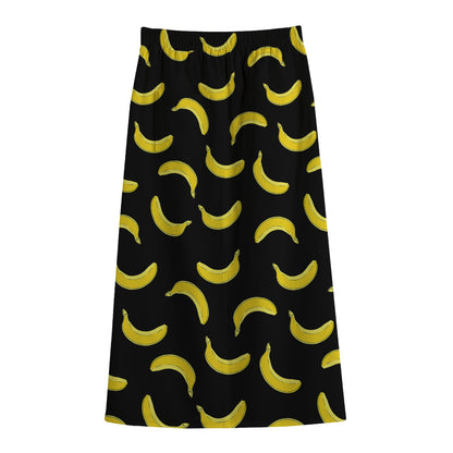 Black And Yellow Banana Pattern Print Cotton Front Slit Maxi Skirt