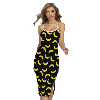 Black And Yellow Banana Pattern Print Cross Back Cami Dress