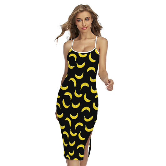 Black And Yellow Banana Pattern Print Cross Back Cami Dress