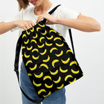 Black And Yellow Banana Pattern Print Drawstring Backpack